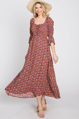 Red Floral Smocked 3/4 Sleeve Maxi Dress