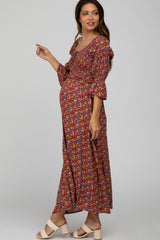 Red Floral Smocked 3/4 Sleeve Maternity Maxi Dress