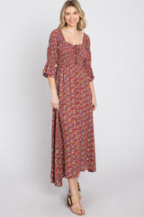 Red Floral Smocked 3/4 Sleeve Maxi Dress