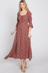 Red Floral Smocked 3/4 Sleeve Maxi Dress