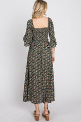 Black Floral Smocked 3/4 Sleeve Maxi Dress