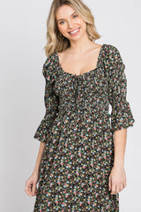 Black Floral Smocked 3/4 Sleeve Maxi Dress