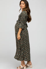 Black Floral Smocked 3/4 Sleeve Maternity Maxi Dress