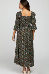 Black Floral Smocked 3/4 Sleeve Maternity Maxi Dress