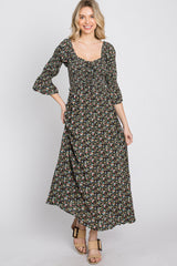 Black Floral Smocked 3/4 Sleeve Maternity Maxi Dress