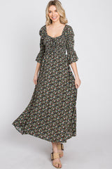 Black Floral Smocked 3/4 Sleeve Maxi Dress