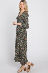 Black Floral Smocked 3/4 Sleeve Maxi Dress