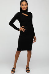 Black Ribbed Front Cutout Maternity Dress