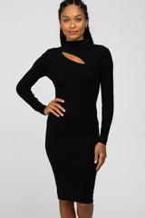 Black Ribbed Front Cutout Dress