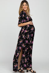 Black Floral Side Slit Maternity Maxi Dress