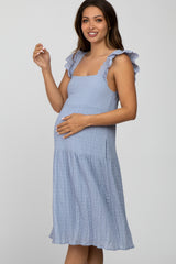 Blue Eyelet Lace Tiered Smocked Maternity Dress