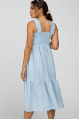 Light Blue Square Neck Smocked Maternity Midi Dress