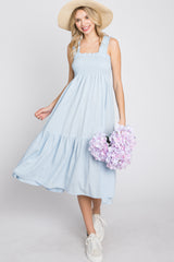 Light Blue Square Neck Smocked Midi Dress