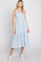 Light Blue Square Neck Smocked Midi Dress