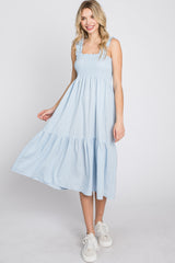 Light Blue Square Neck Smocked Midi Dress