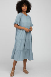 Blue Tiered Ruffle Sleeve Midi Dress