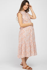 Peach Floral Ruffle Neck Maternity Midi Dress