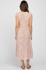 Peach Floral Ruffle Neck Maternity Midi Dress