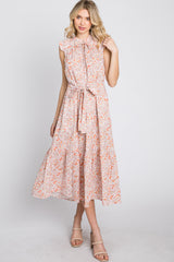 Peach Floral Ruffle Neck Maternity Midi Dress