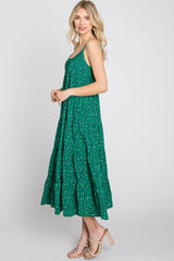 Green Floral Pleated Sleeveless Midi Dress