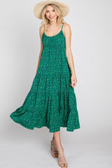 Green Floral Pleated Sleeveless Midi Dress