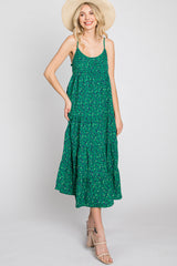 Green Floral Pleated Sleeveless Midi Dress