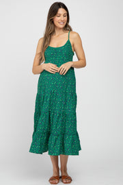 Green Floral Pleated Sleeveless Maternity Midi Dress