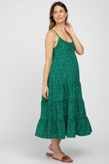 Green Floral Pleated Sleeveless Maternity Midi Dress