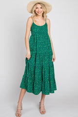 Green Floral Pleated Sleeveless Midi Dress