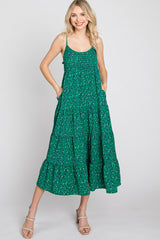 Green Floral Pleated Sleeveless Midi Dress