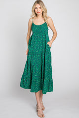 Green Floral Pleated Sleeveless Midi Dress