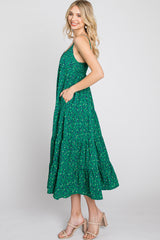 Green Floral Pleated Sleeveless Midi Dress