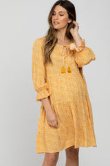 Mustard Floral Tiered Long Sleeve Maternity Dress