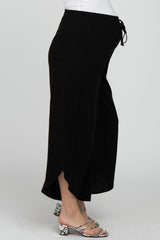 Black Linen Tie Front Curved Hem Maternity Pants