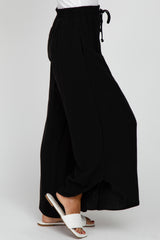 Black Linen Tie Front Curved Hem Pants