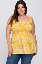 Yellow Floral Smocked Plus Tank Top