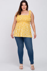 Yellow Floral Smocked Plus Tank Top