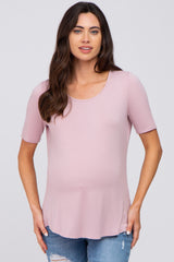 Pink Solid Short Sleeve Maternity Top