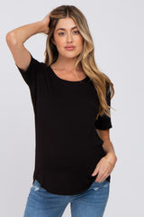 Black Solid Short Sleeve Maternity Top