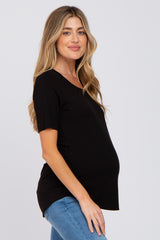 Black Solid Short Sleeve Maternity Top