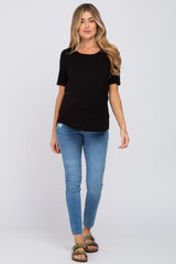 Black Solid Short Sleeve Maternity Top