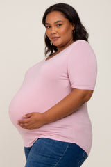 Pink Solid Short Sleeve Maternity Plus Top