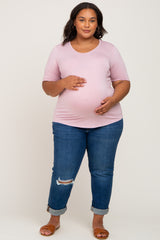 Pink Solid Short Sleeve Maternity Plus Top