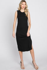 Black Ribbed Side Slit Midi Dress