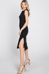 Black Ribbed Side Slit Midi Dress