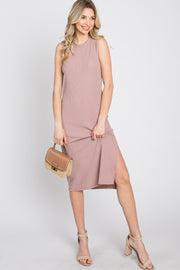 Mocha Ribbed Side Slit Midi Dress