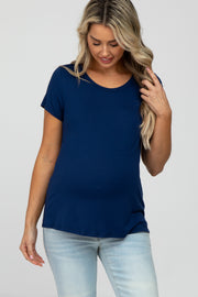 Navy Blue Basic Maternity Short Sleeve Top