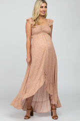 Peach Floral Smocked Hi-Low Maternity Maxi Dress