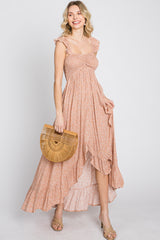 Peach Floral Smocked Hi-Low Maxi Dress