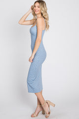 Light Blue Leaf Print Fitted Midi Dress